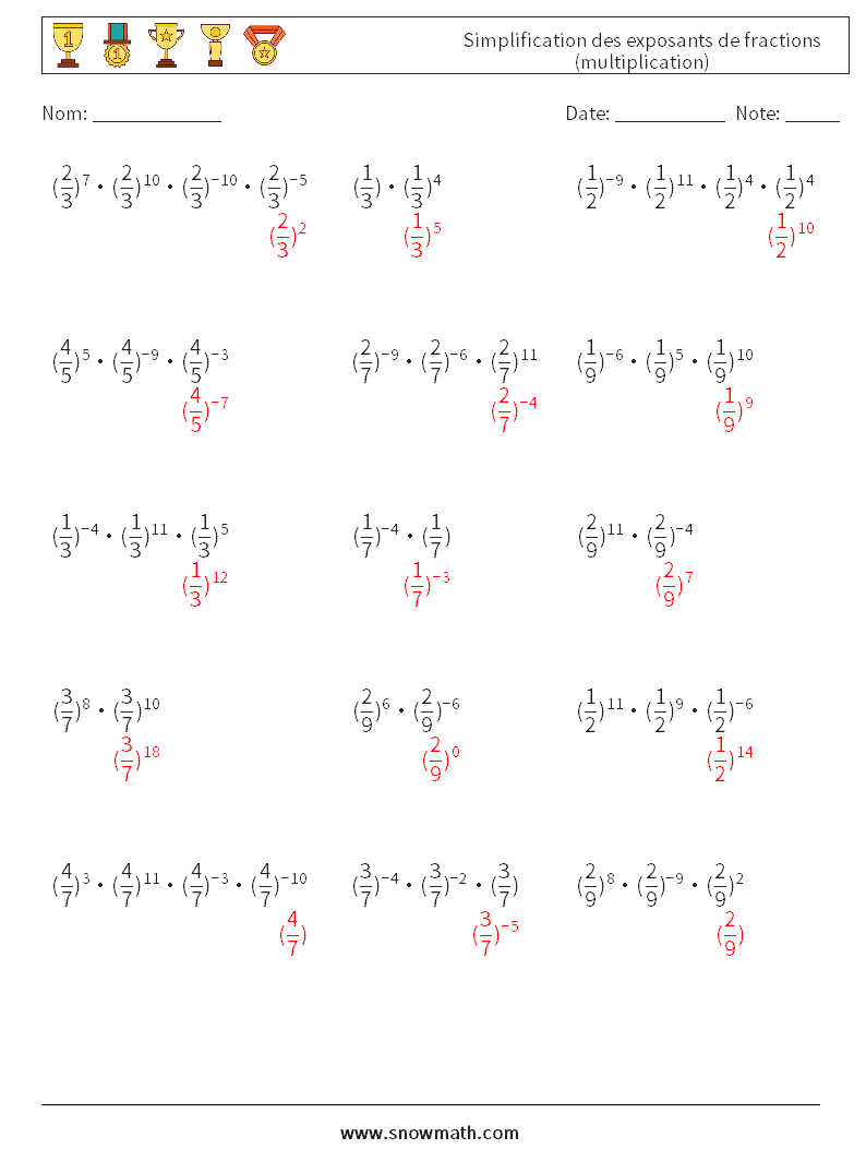 Simplification des exposants de fractions (multiplication) Fiches d'Exercices de Mathématiques 6 Question, Réponse