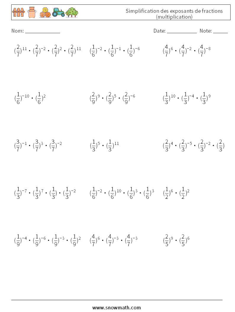 Simplification des exposants de fractions (multiplication) Fiches d'Exercices de Mathématiques 7