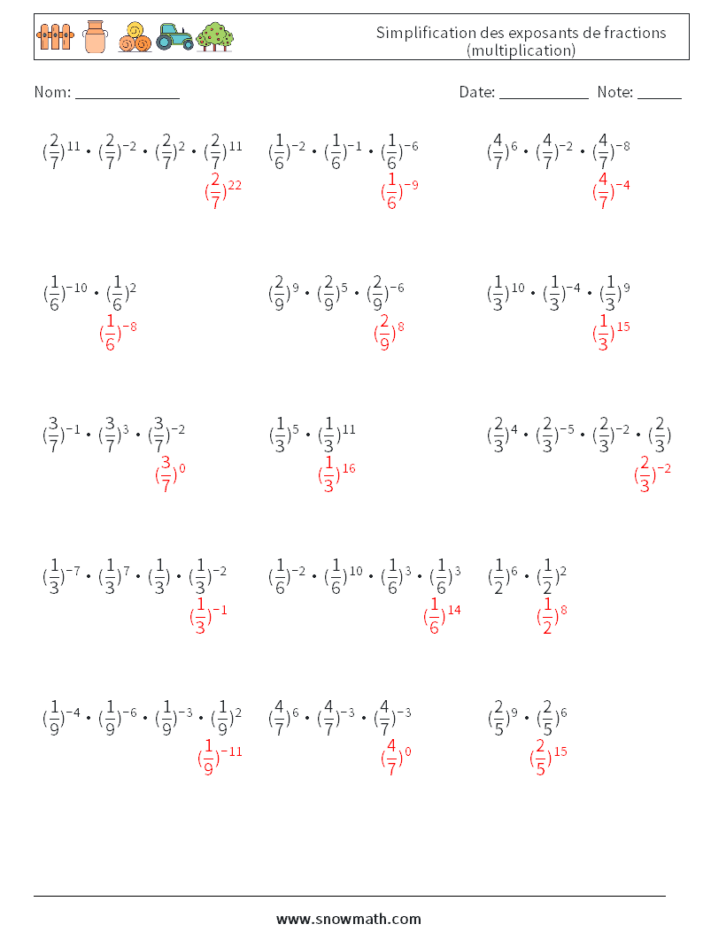 Simplification des exposants de fractions (multiplication) Fiches d'Exercices de Mathématiques 7 Question, Réponse