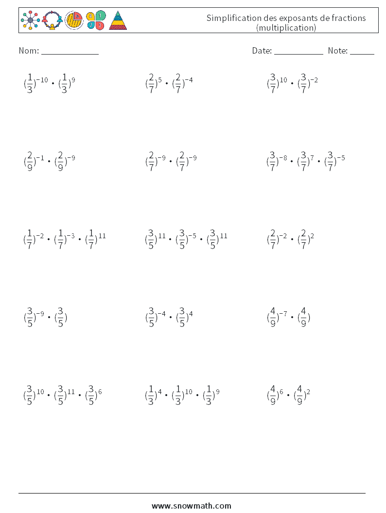 Simplification des exposants de fractions (multiplication) Fiches d'Exercices de Mathématiques 8