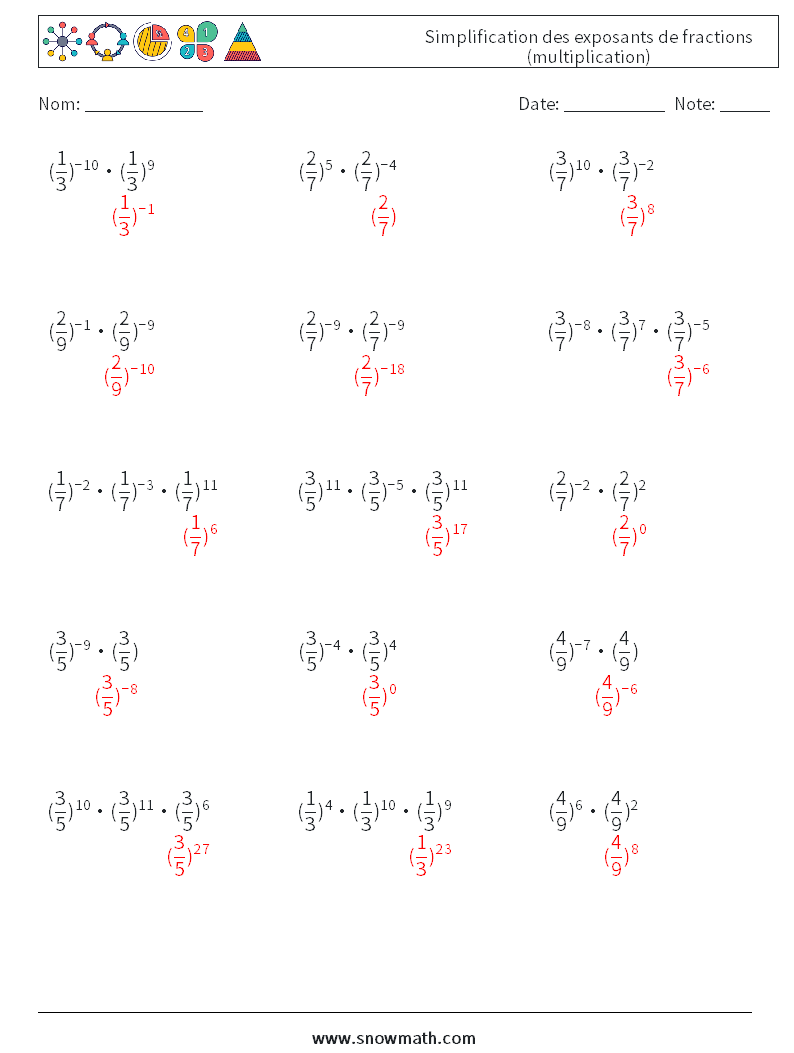 Simplification des exposants de fractions (multiplication) Fiches d'Exercices de Mathématiques 8 Question, Réponse