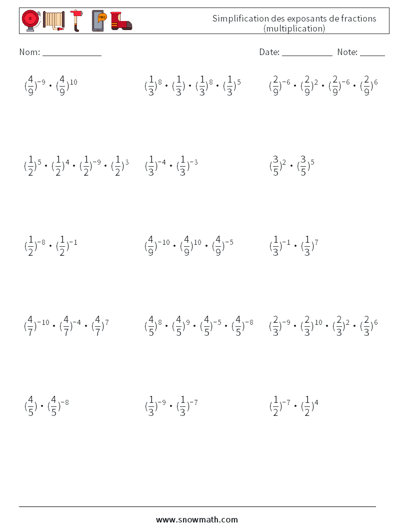 Simplification des exposants de fractions (multiplication) Fiches d'Exercices de Mathématiques 9