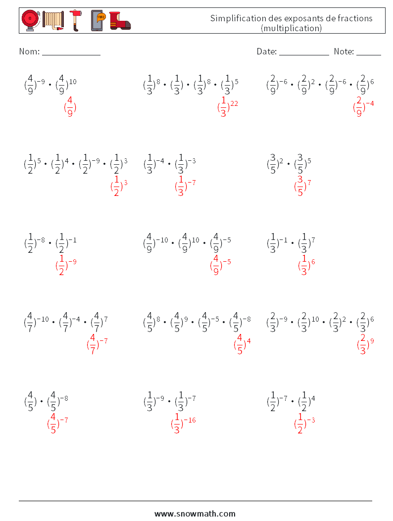 Simplification des exposants de fractions (multiplication) Fiches d'Exercices de Mathématiques 9 Question, Réponse