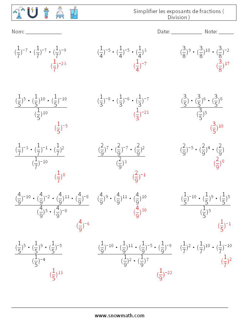 Simplifier les exposants de fractions ( Division ) Fiches d'Exercices de Mathématiques 1 Question, Réponse