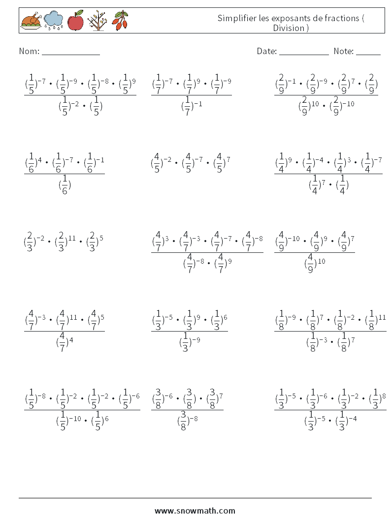 Simplifier les exposants de fractions ( Division ) Fiches d'Exercices de Mathématiques 2