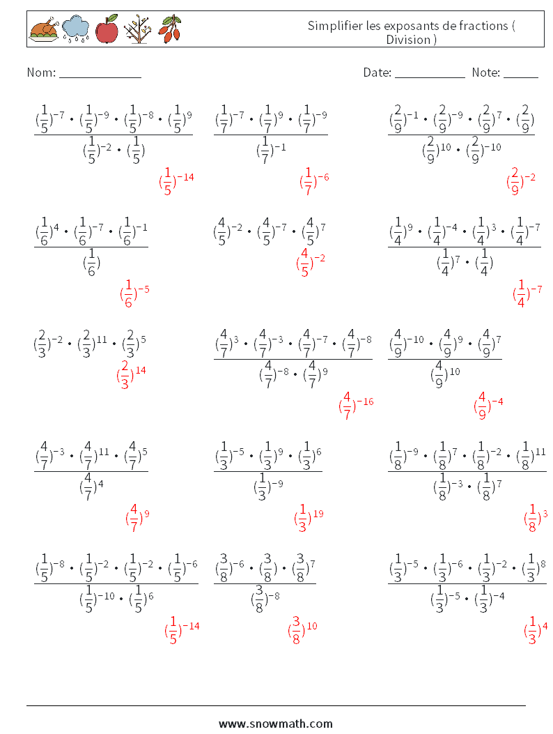 Simplifier les exposants de fractions ( Division ) Fiches d'Exercices de Mathématiques 2 Question, Réponse