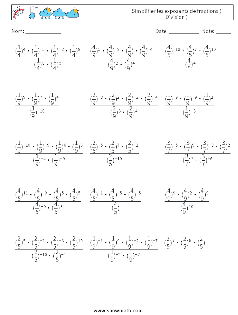 Simplifier les exposants de fractions ( Division ) Fiches d'Exercices de Mathématiques 3