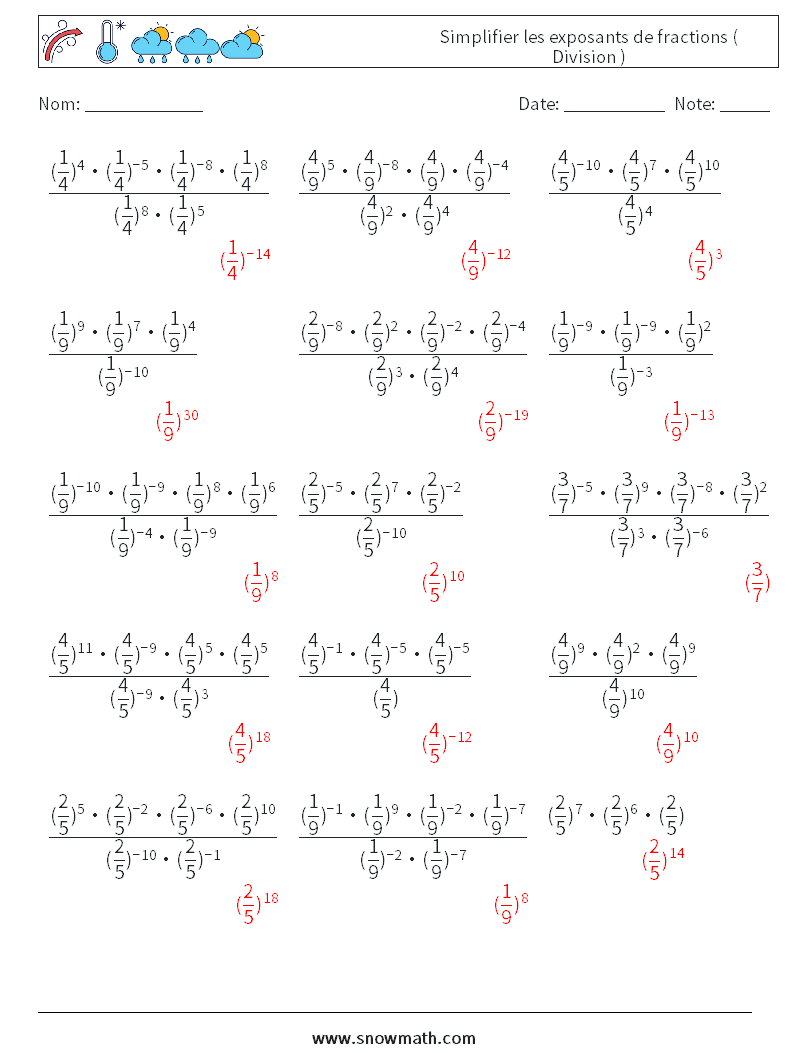 Simplifier les exposants de fractions ( Division ) Fiches d'Exercices de Mathématiques 3 Question, Réponse