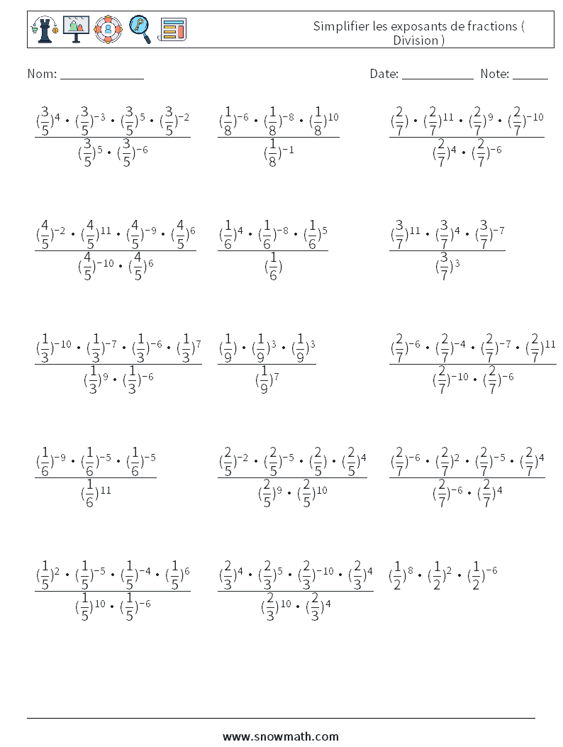 Simplifier les exposants de fractions ( Division ) Fiches d'Exercices de Mathématiques 4