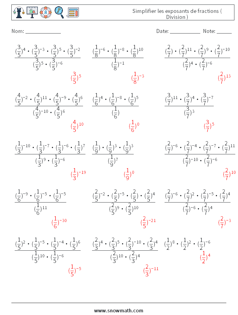 Simplifier les exposants de fractions ( Division ) Fiches d'Exercices de Mathématiques 4 Question, Réponse