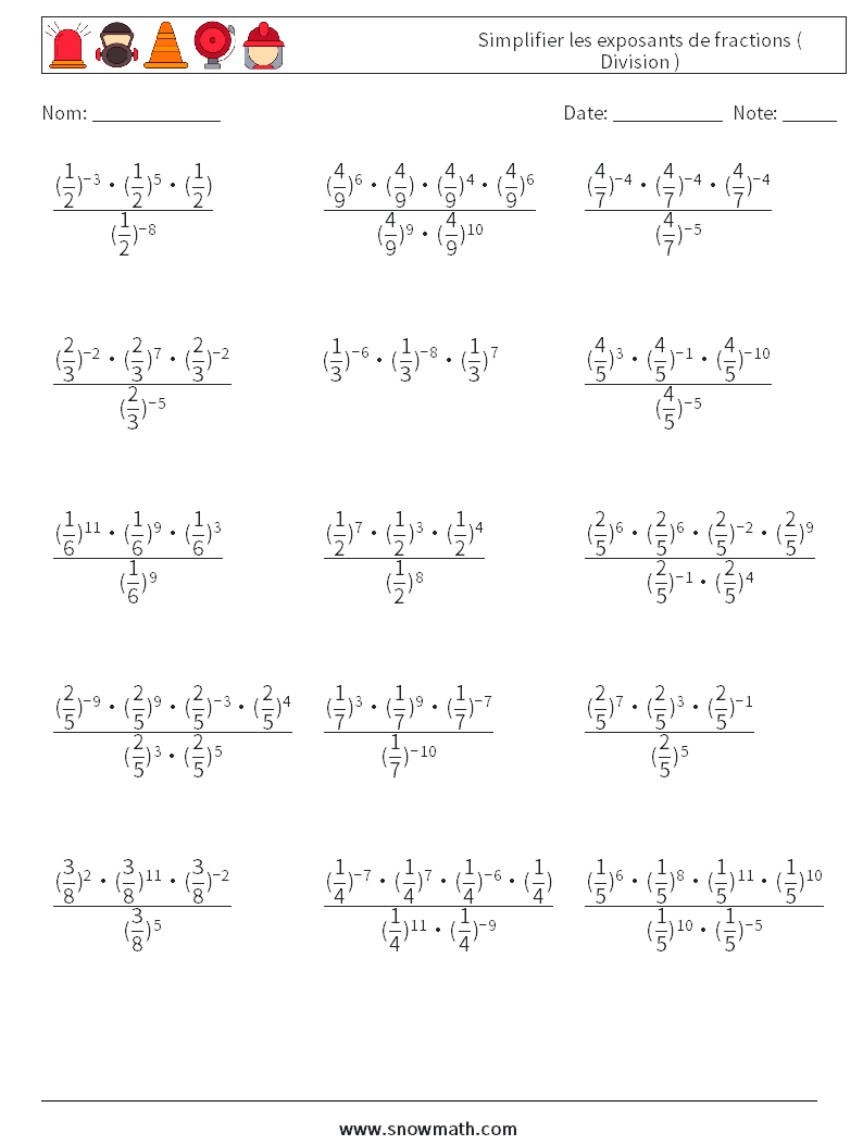 Simplifier les exposants de fractions ( Division ) Fiches d'Exercices de Mathématiques 5