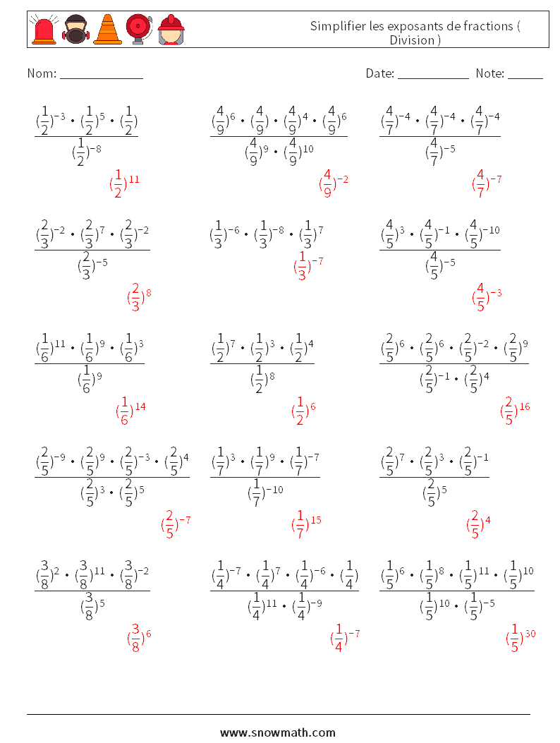 Simplifier les exposants de fractions ( Division ) Fiches d'Exercices de Mathématiques 5 Question, Réponse