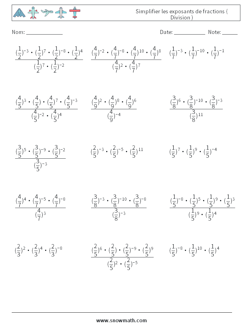 Simplifier les exposants de fractions ( Division ) Fiches d'Exercices de Mathématiques 6