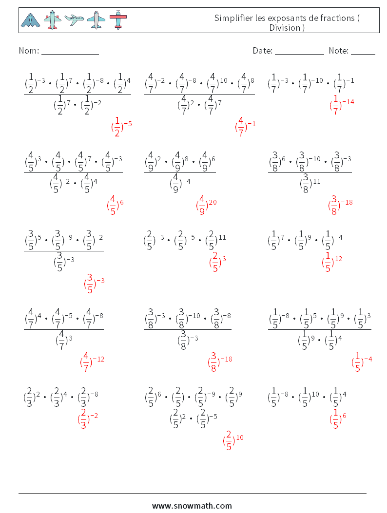 Simplifier les exposants de fractions ( Division ) Fiches d'Exercices de Mathématiques 6 Question, Réponse