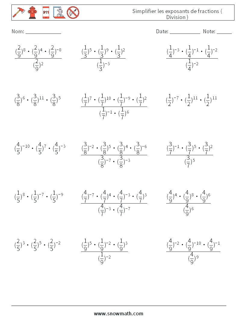 Simplifier les exposants de fractions ( Division ) Fiches d'Exercices de Mathématiques 7