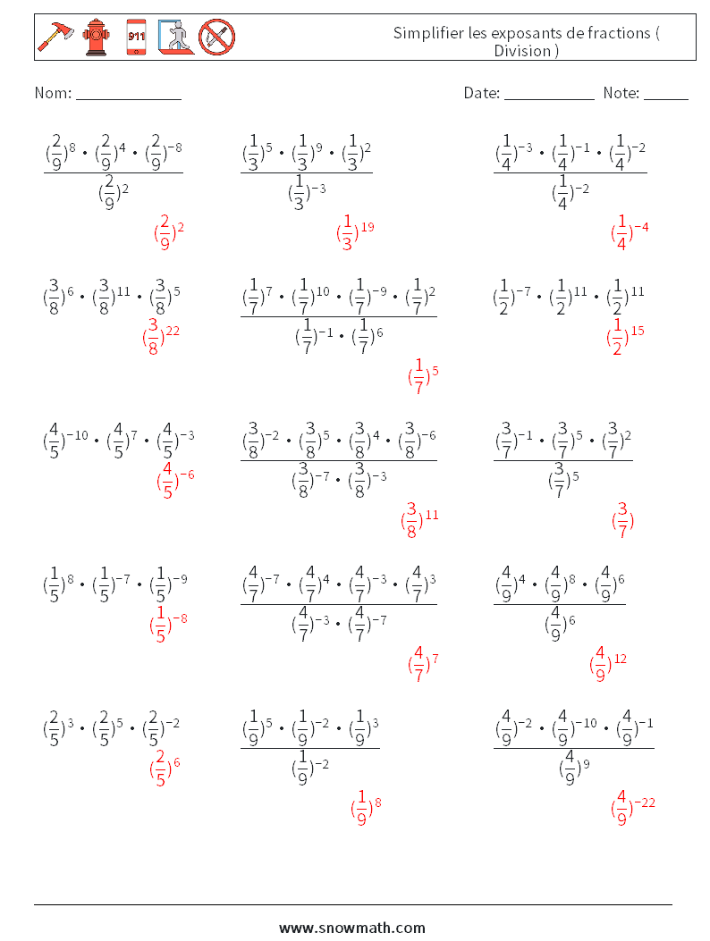 Simplifier les exposants de fractions ( Division ) Fiches d'Exercices de Mathématiques 7 Question, Réponse