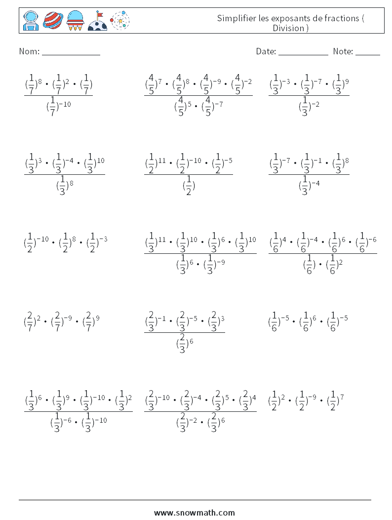 Simplifier les exposants de fractions ( Division ) Fiches d'Exercices de Mathématiques 8