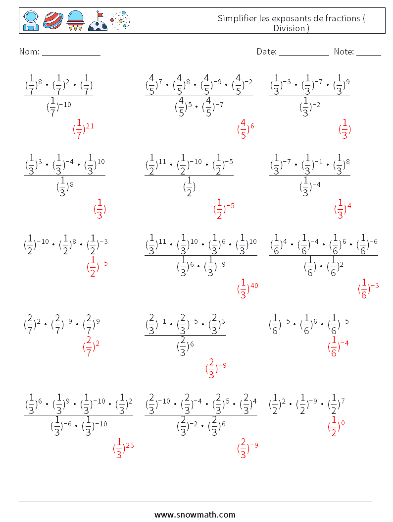 Simplifier les exposants de fractions ( Division ) Fiches d'Exercices de Mathématiques 8 Question, Réponse