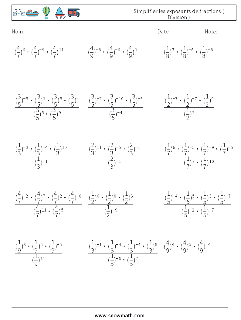 Simplifier les exposants de fractions ( Division ) Fiches d'Exercices de Mathématiques 9