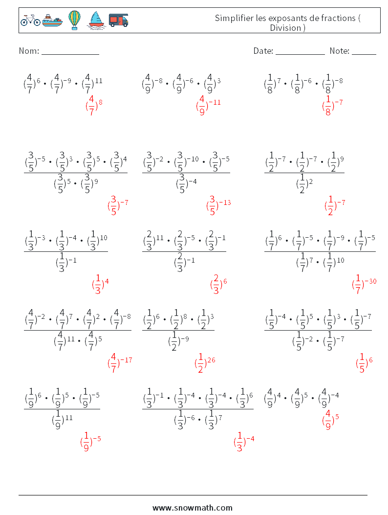 Simplifier les exposants de fractions ( Division ) Fiches d'Exercices de Mathématiques 9 Question, Réponse