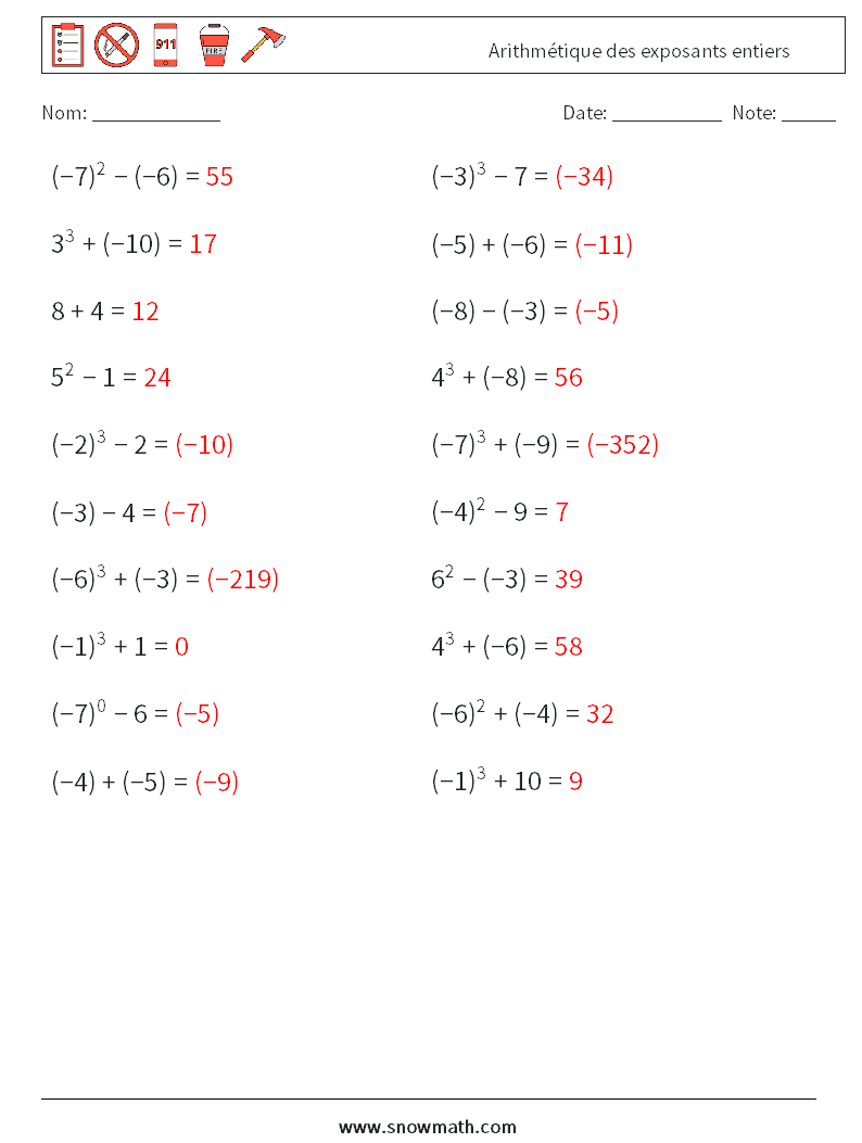 Arithmétique des exposants entiers Fiches d'Exercices de Mathématiques 1 Question, Réponse