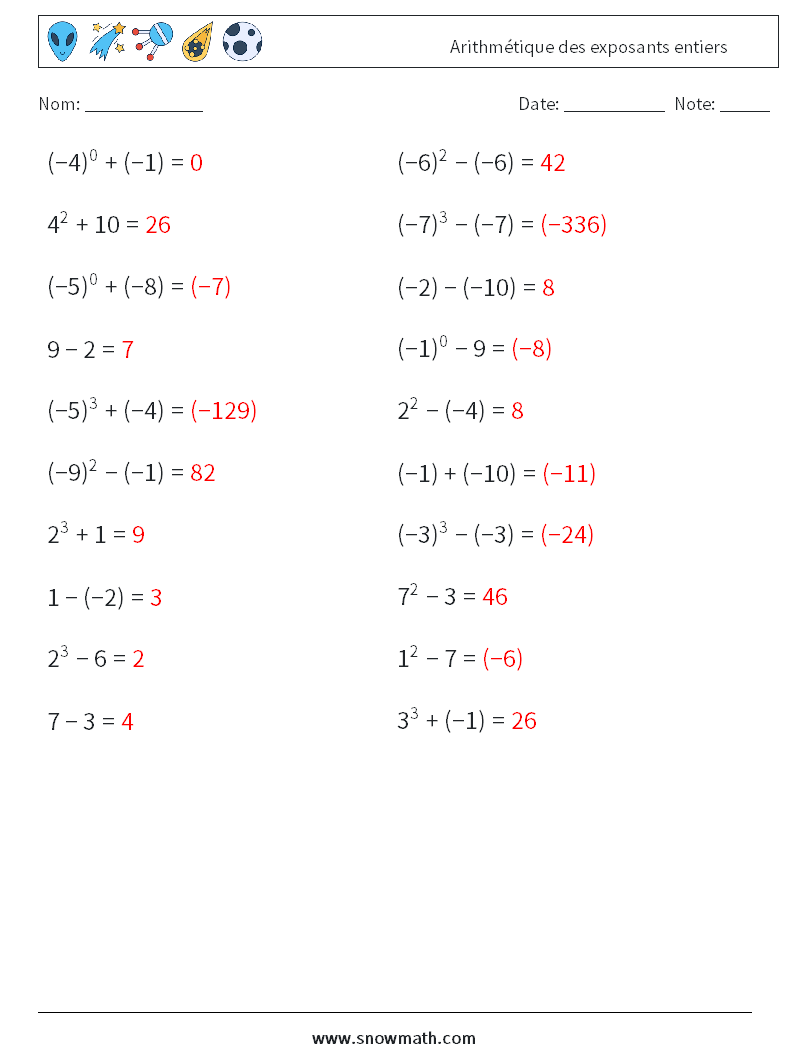 Arithmétique des exposants entiers Fiches d'Exercices de Mathématiques 5 Question, Réponse