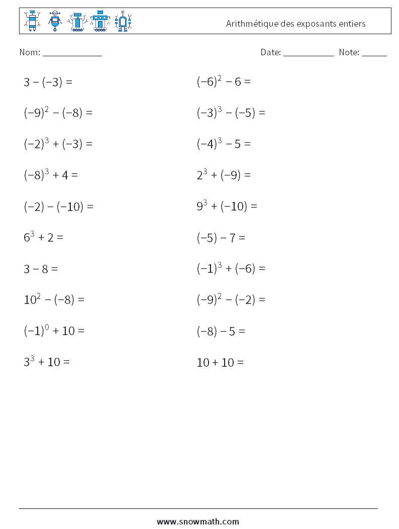 Arithmétique des exposants entiers Fiches d'Exercices de Mathématiques 6