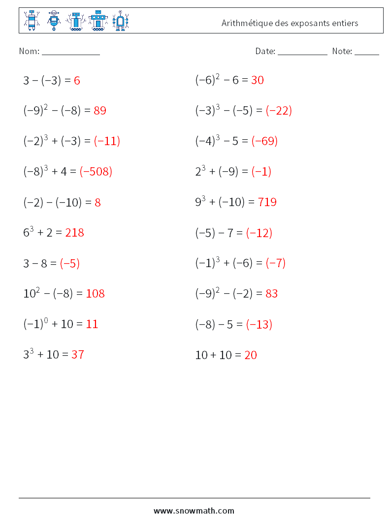 Arithmétique des exposants entiers Fiches d'Exercices de Mathématiques 6 Question, Réponse