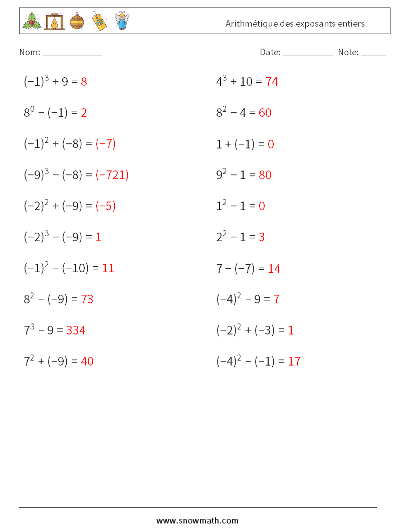 Arithmétique des exposants entiers Fiches d'Exercices de Mathématiques 7 Question, Réponse
