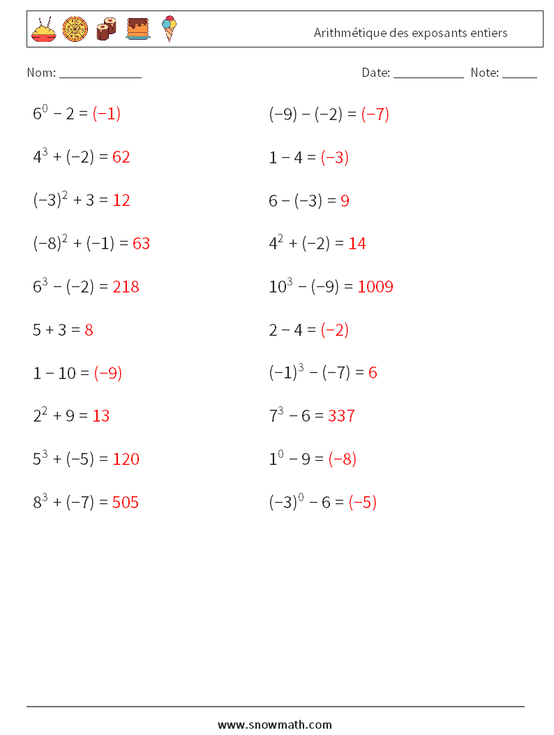 Arithmétique des exposants entiers Fiches d'Exercices de Mathématiques 9 Question, Réponse