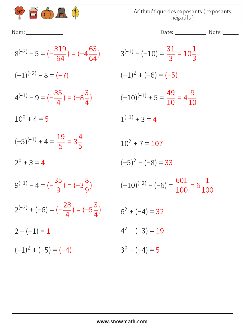  Arithmétique des exposants ( exposants négatifs ) Fiches d'Exercices de Mathématiques 7 Question, Réponse