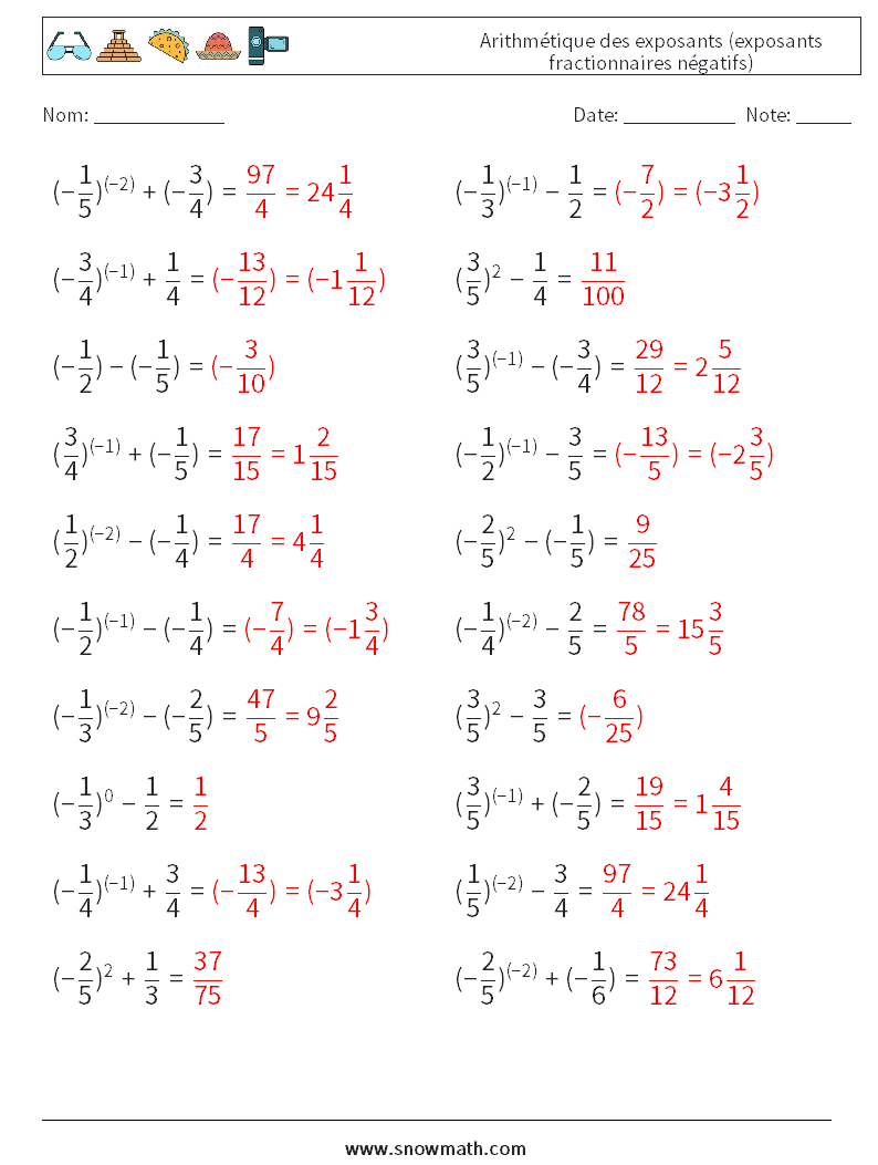  Arithmétique des exposants (exposants fractionnaires négatifs) Fiches d'Exercices de Mathématiques 1 Question, Réponse