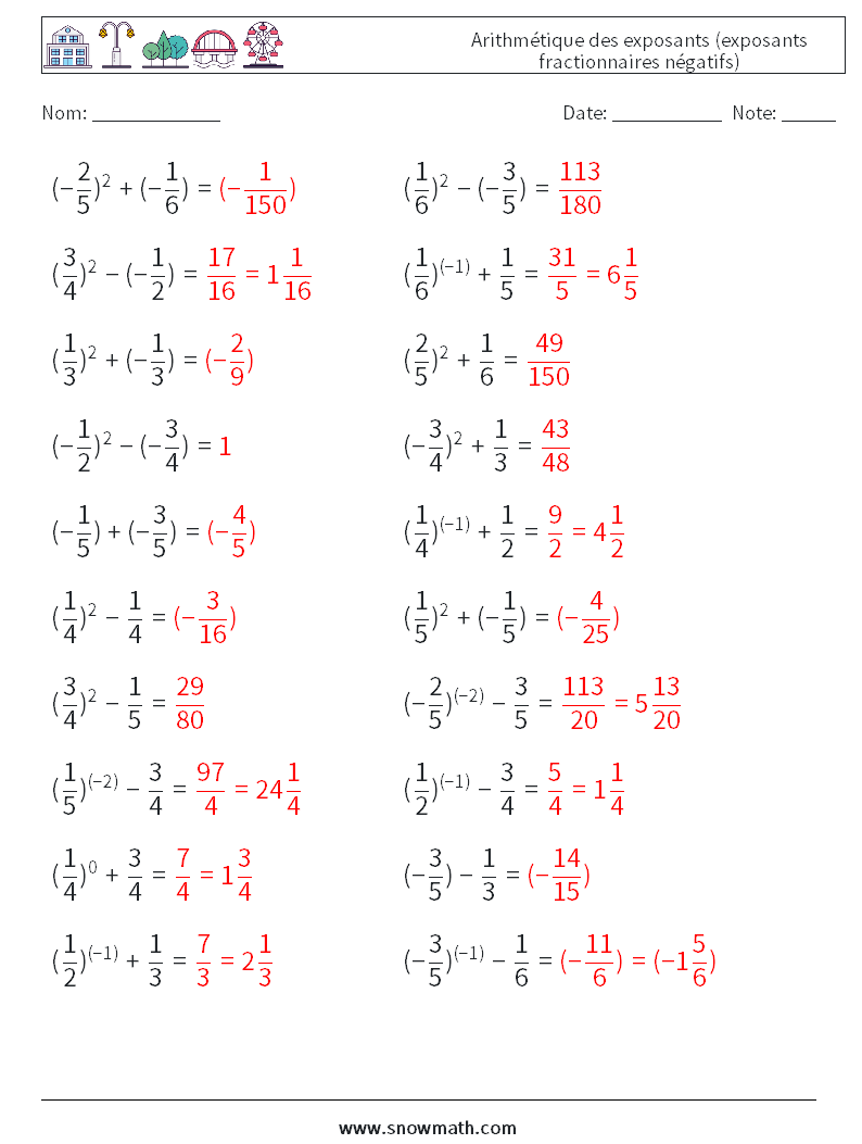  Arithmétique des exposants (exposants fractionnaires négatifs) Fiches d'Exercices de Mathématiques 2 Question, Réponse