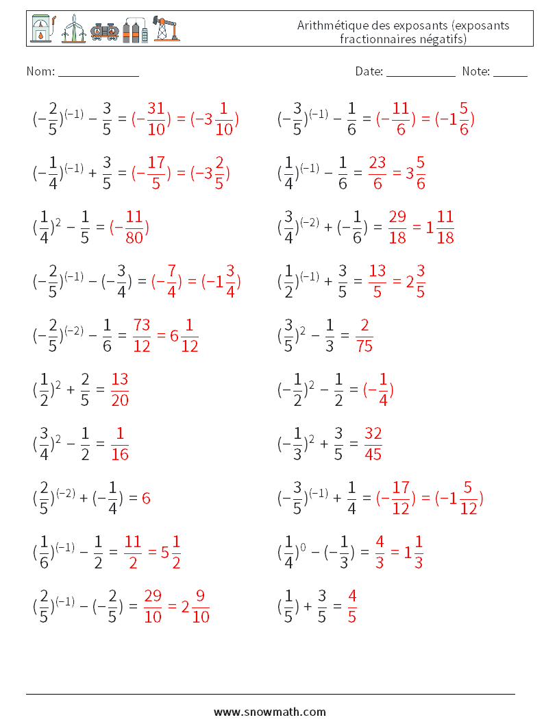  Arithmétique des exposants (exposants fractionnaires négatifs) Fiches d'Exercices de Mathématiques 3 Question, Réponse
