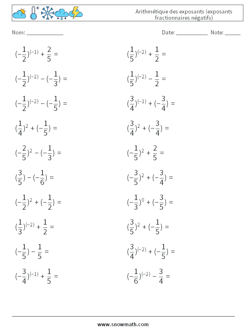  Arithmétique des exposants (exposants fractionnaires négatifs) Fiches d'Exercices de Mathématiques 5