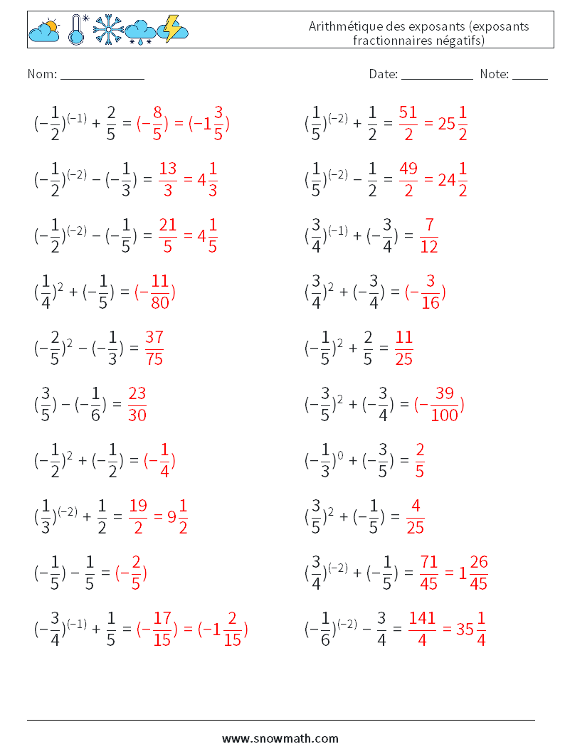  Arithmétique des exposants (exposants fractionnaires négatifs) Fiches d'Exercices de Mathématiques 5 Question, Réponse