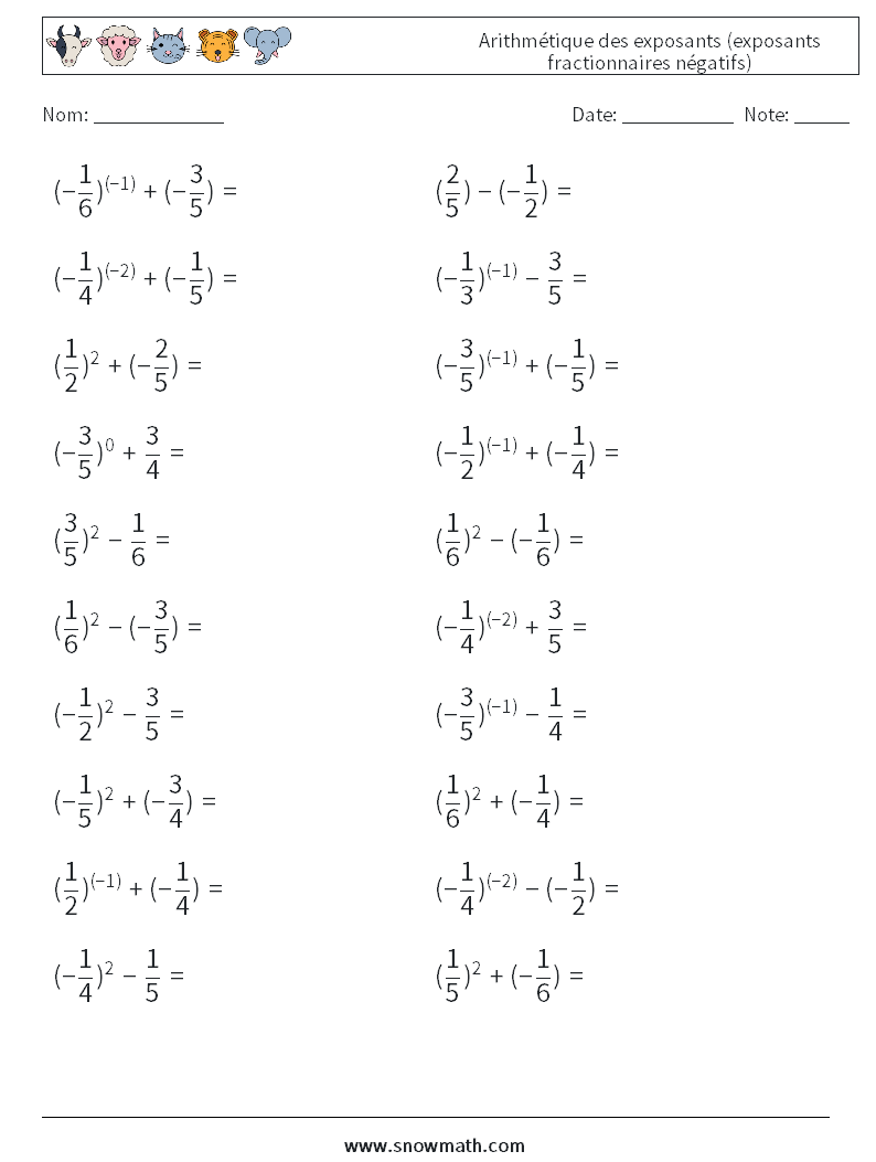  Arithmétique des exposants (exposants fractionnaires négatifs) Fiches d'Exercices de Mathématiques 6