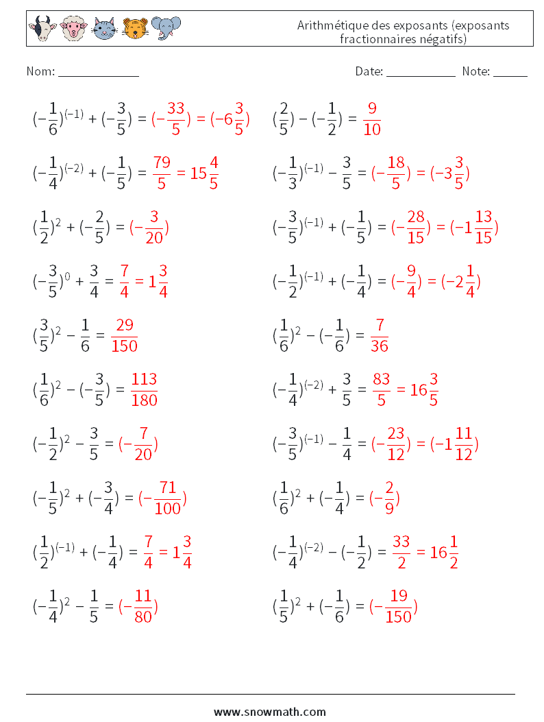  Arithmétique des exposants (exposants fractionnaires négatifs) Fiches d'Exercices de Mathématiques 6 Question, Réponse