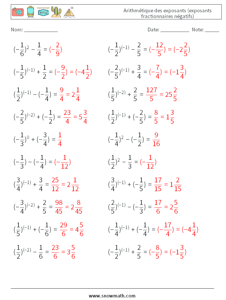  Arithmétique des exposants (exposants fractionnaires négatifs) Fiches d'Exercices de Mathématiques 7 Question, Réponse