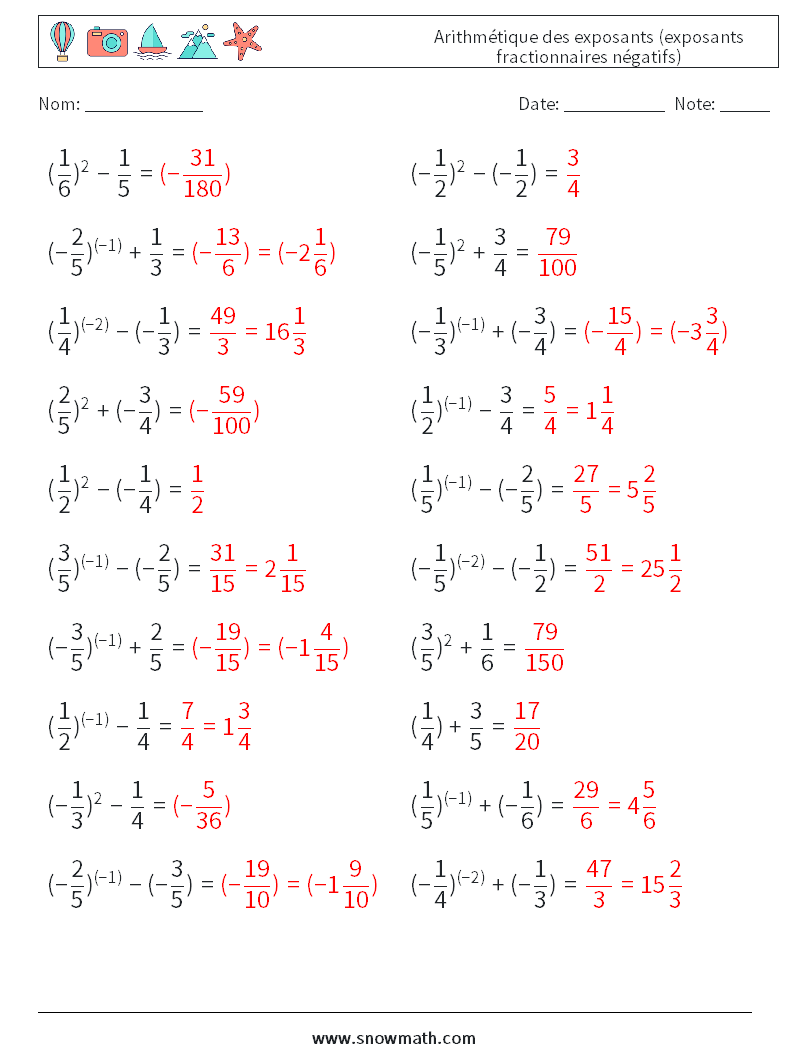  Arithmétique des exposants (exposants fractionnaires négatifs) Fiches d'Exercices de Mathématiques 8 Question, Réponse