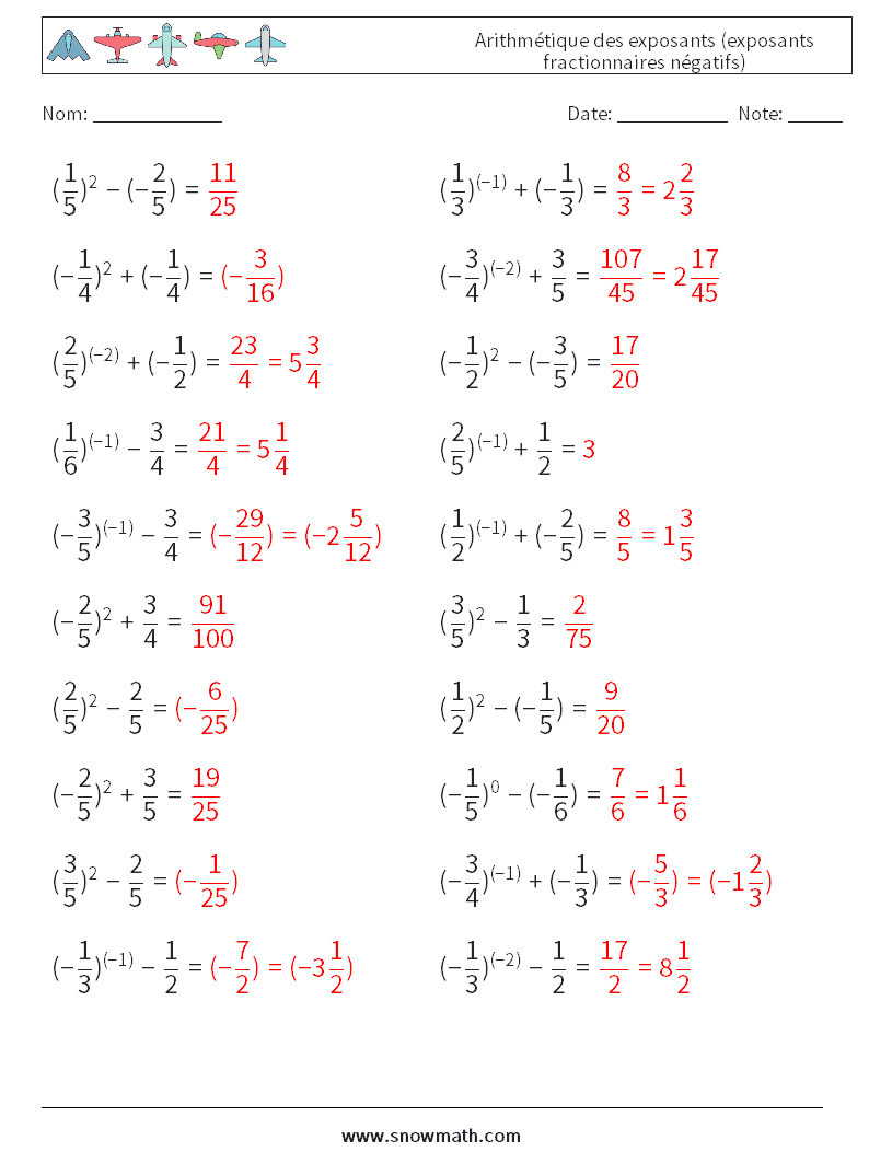  Arithmétique des exposants (exposants fractionnaires négatifs) Fiches d'Exercices de Mathématiques 9 Question, Réponse