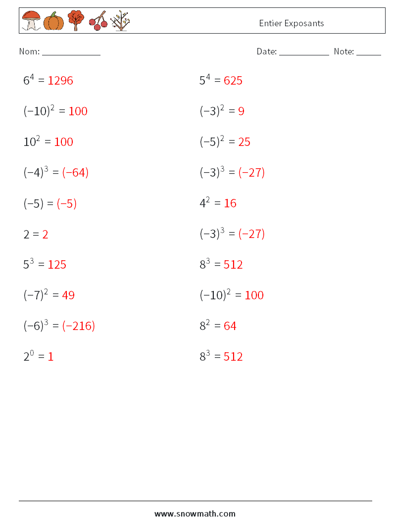 Entier Exposants Fiches d'Exercices de Mathématiques 1 Question, Réponse