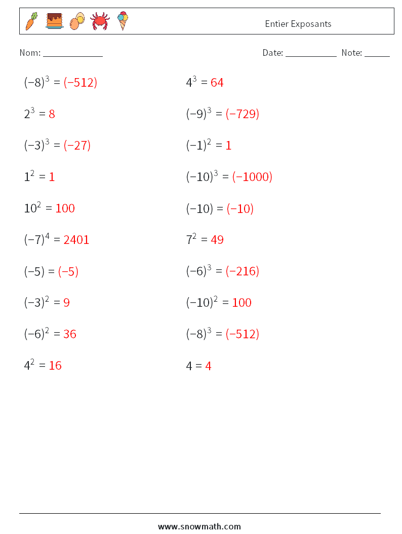 Entier Exposants Fiches d'Exercices de Mathématiques 2 Question, Réponse