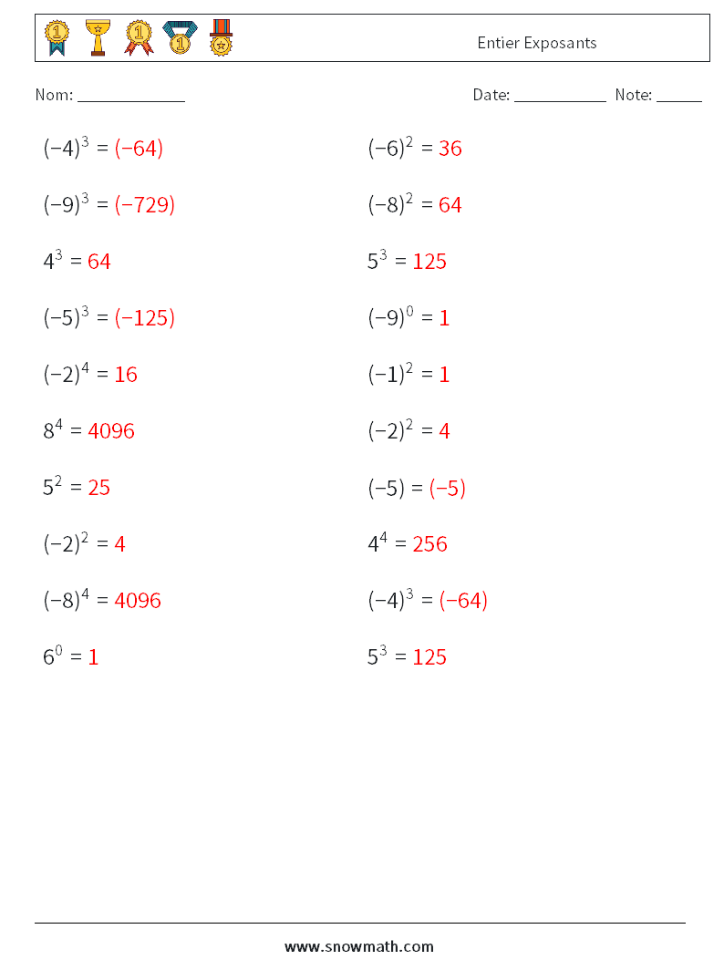Entier Exposants Fiches d'Exercices de Mathématiques 3 Question, Réponse