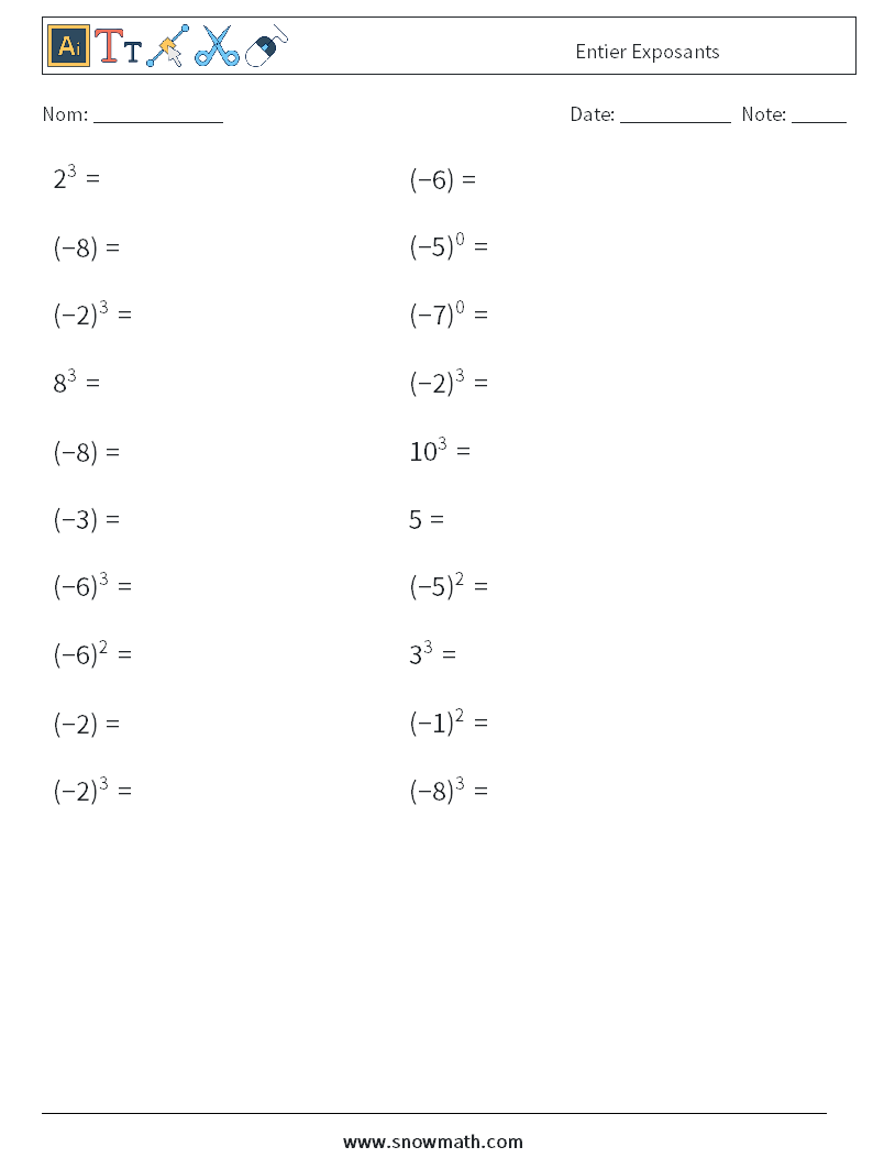 Entier Exposants Fiches d'Exercices de Mathématiques 4