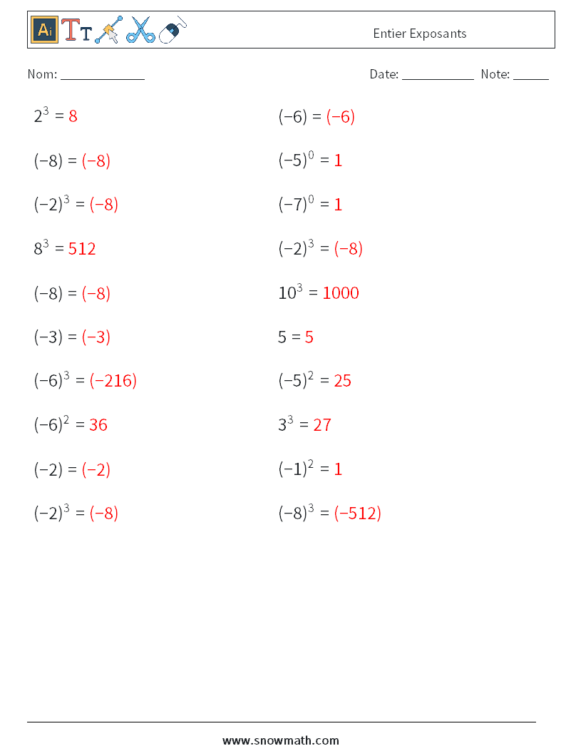 Entier Exposants Fiches d'Exercices de Mathématiques 4 Question, Réponse