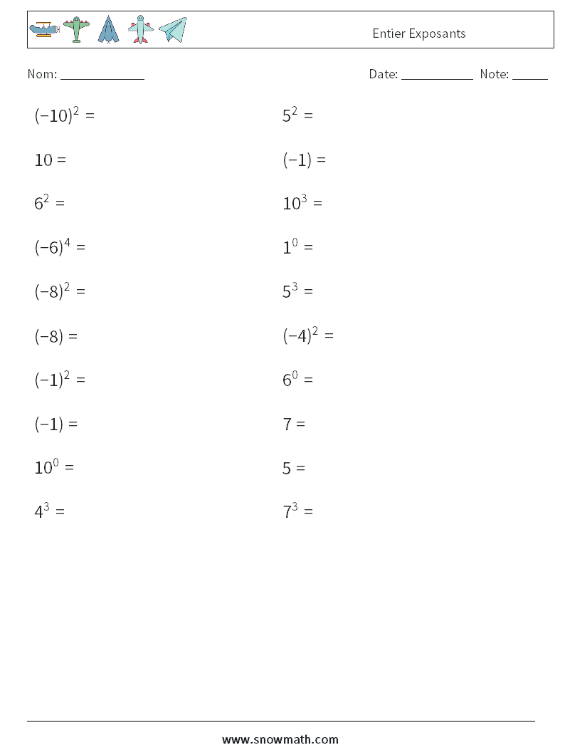 Entier Exposants Fiches d'Exercices de Mathématiques 5