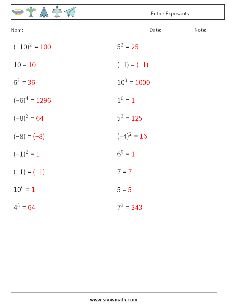 Entier Exposants Fiches d'Exercices de Mathématiques 5 Question, Réponse