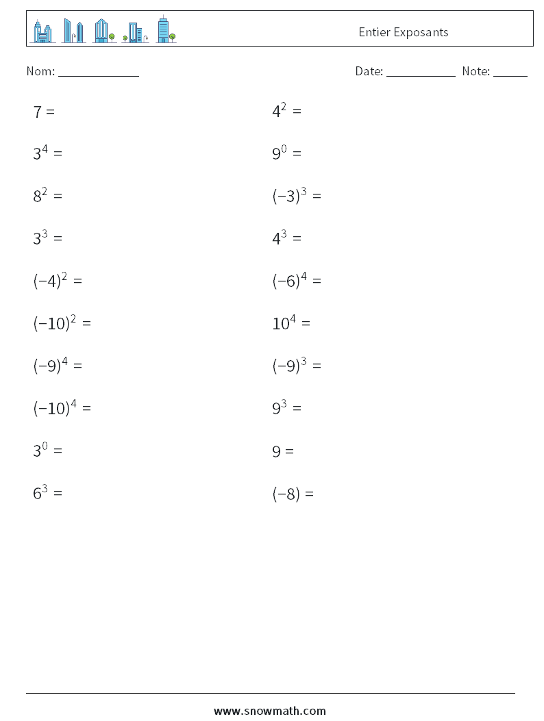 Entier Exposants Fiches d'Exercices de Mathématiques 6