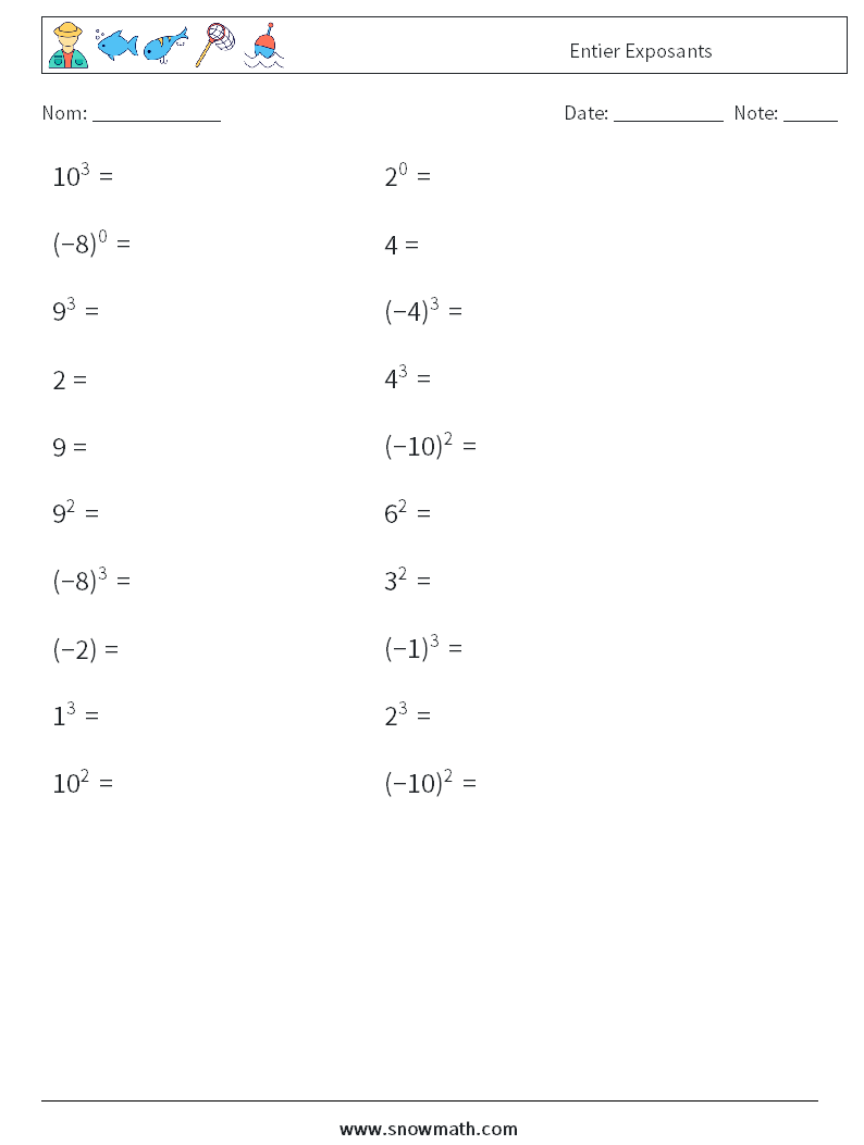 Entier Exposants Fiches d'Exercices de Mathématiques 7